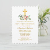 Watercolor Pink White Floral Gold Cross Communion Kaart (Staand voorkant)