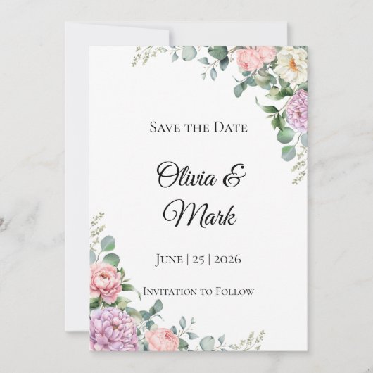 Watercolor Pioen & Eucalyptus Save the Date (Voorkant)
