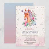 Watercolor Pony Bloemen Verjaardag Kaart (Voorkant / Achterkant)