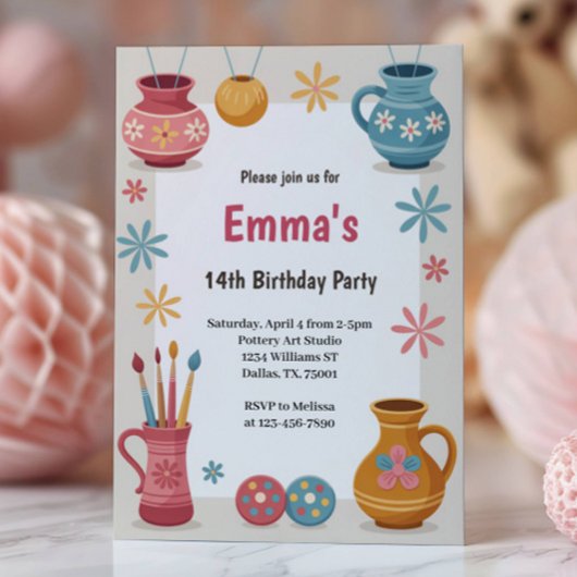 Watercolor Pottery Painting Birthday Party Kaart