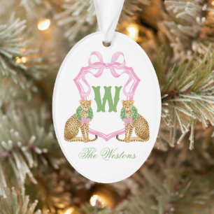 Watercolor Preppy Luipaard Kerst Monogram Wapen Ornament