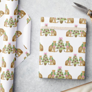 Watercolor Preppy Luipaard Kerstboom Cadeaupapier