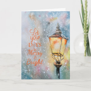 Watercolor Prettig Kerstmis Lantaarnpaal in Sneeuw Feestdagen Kaart
