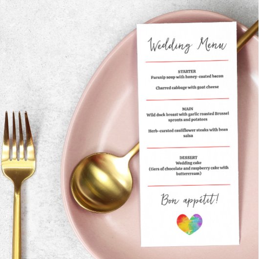 Watercolor Pride Heart Gay Lesbian Mariage Menu