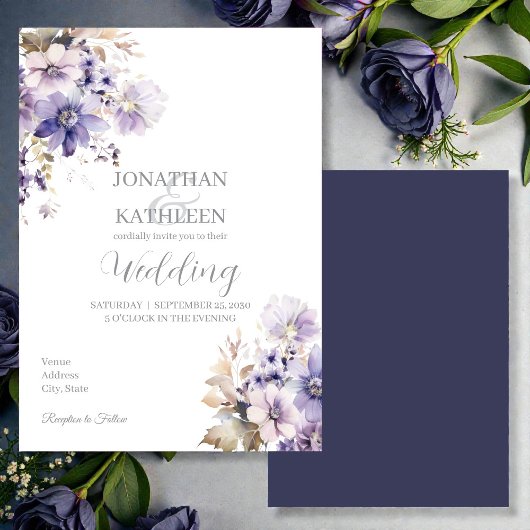 Watercolor Purple & Blue Floral Wedding Invitation