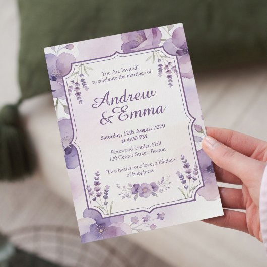Watercolor Purple Floral Wedding Invitation