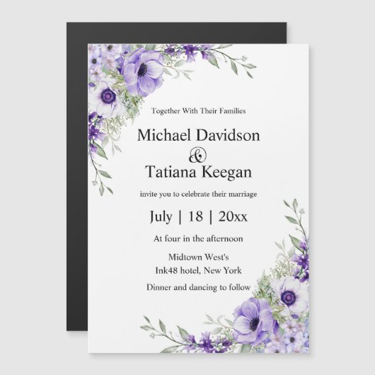 watercolor purple floral wedding invitation magnet (Devant / Derrière)
