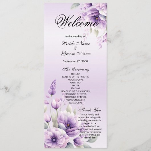 Watercolor Purple Floral Wedding Programme (Devant)