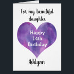 Watercolor Purple Heart 14th Birthday Daughter<br><div class="desc">A Happy 14th birthday daughter card that feobjets a watercolor purple heart,  which you can personalize underneath with name The inside of this 14th birthday card reads a heartsensielt for your daughter.</div>