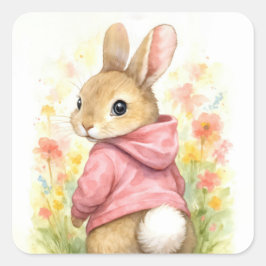 Watercolor Rabbit in a Pink Hoodie Vierkante Sticker