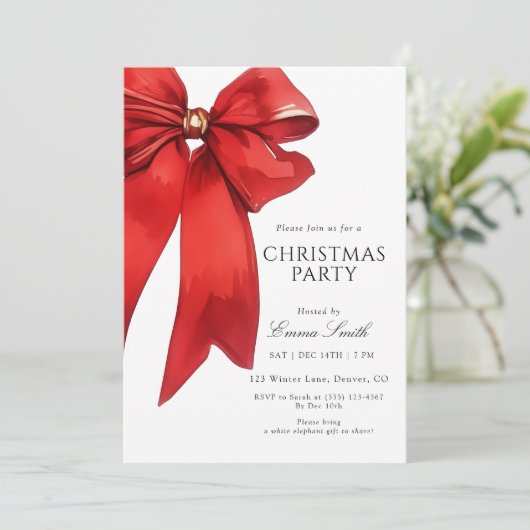 Watercolor Red Bow Christmas Party Invitation (Debout devant)