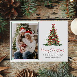 Watercolor Red Bow Christmas Tree Photo Feestdagenkaart