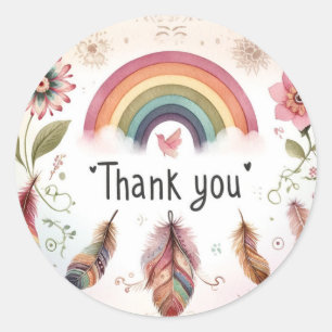Watercolor Regenboog Vogel & Veren Boho Dank Je Ronde Sticker