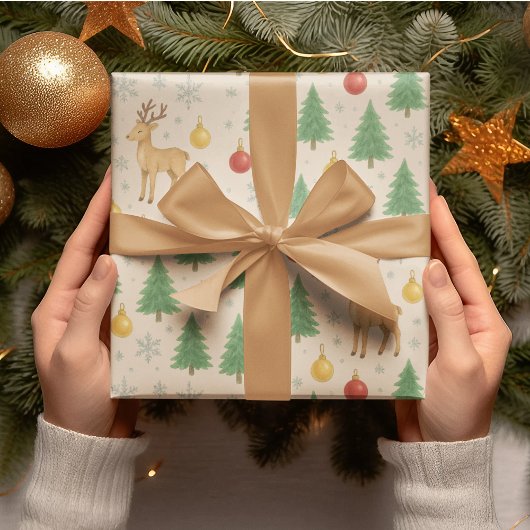 Watercolor Reindeer & Christmas Tree -  Cadeaupapier