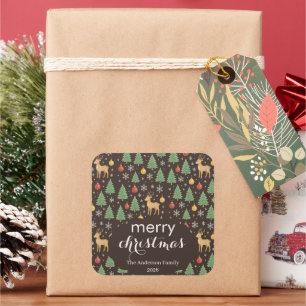 Watercolor Rendier & Kerstboom - Vierkante Sticker