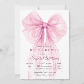 Watercolor Ribbon Girl Baby Shower Invite Kaart