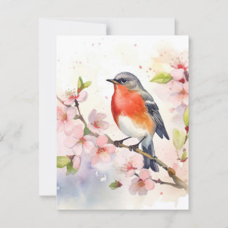 Watercolor Robin on Spring Cherry Blossom Branch Briefkaart