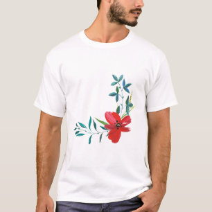 Watercolor Rode Bloem & Groene Blad Essential T-Sh T-shirt