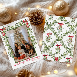 Watercolor Rode Boog Mistletoe Slinger Foto Feestdagenkaart