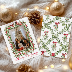 Watercolor Rode Boog Mistletoe Slinger Foto Feestdagenkaart