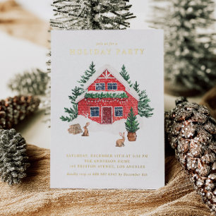 Watercolor Rode Cottage Bos Holiday Feest Folie Uitnodiging