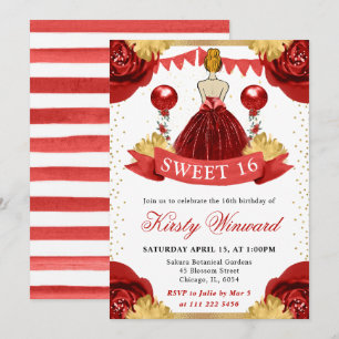 Watercolor Rode Jurk Rode Haren Prinses Sweet 16 Kaart