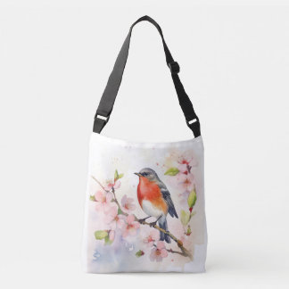 Watercolor Roodborst op Lente Kersenbloesemtak Crossbody Tas