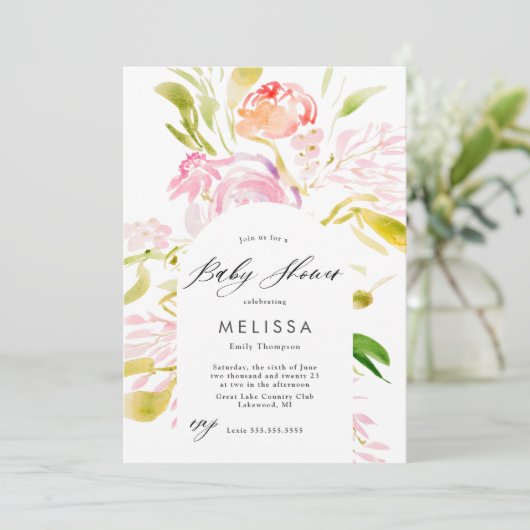 Watercolor Rose bouquet Baby shower Invitation (Debout devant)
