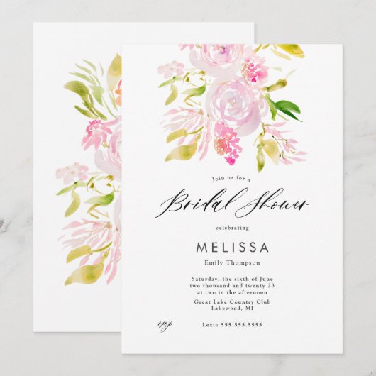 Watercolor Rose bouquet Douche nuptiale Invitation (Devant / Derrière)