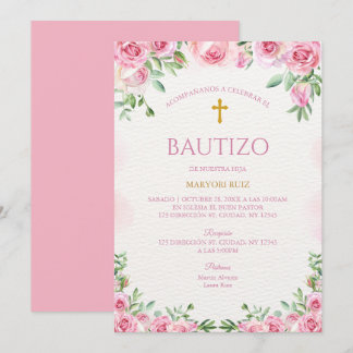 Watercolor Rose Pink Floral Girl Baptism Kaart