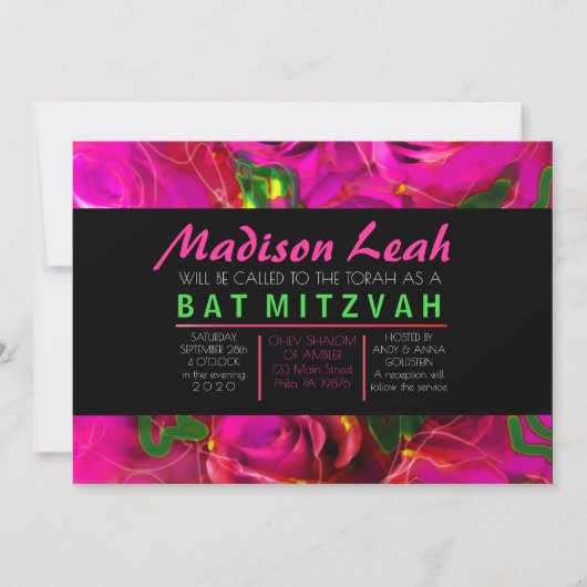 WATERCOLOR ROSES PINK NEON Bat mitzvah Invitation (Devant)