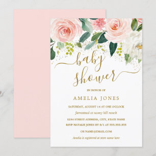 Watercolor Roze Bloem Goud Glitter Baby Shower Kaart