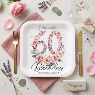 Watercolor Roze Bloemen 60e Verjaardagsfeestje Papieren Bordje