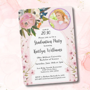 Watercolor Roze Bloemen Foto Boog Afstudeerfeest Kaart