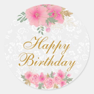 Watercolor Roze Bloemen Goud Folie Gelukkig Verjaa Ronde Sticker