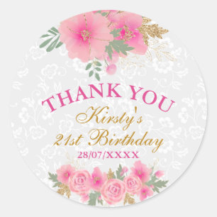 Watercolor Roze Bloemen Goud Folie Verjaardagsfees Ronde Sticker