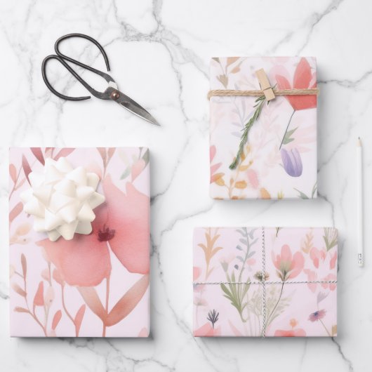 Watercolor Roze Bloemen Inpakpapier Vel (Voorkant)