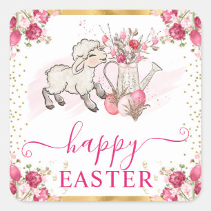 Watercolor Roze Bloemen Lente Lammetje Pasen Vierkante Sticker