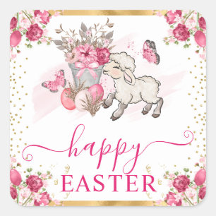 Watercolor Roze Bloemen Lente Lammetje Pasen Vierkante Sticker