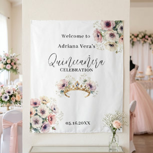 Watercolor Roze Bloemenkroon Gouden Tiara Quinceañ Wandkleed