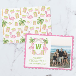 Watercolor Roze Flamingo Kerst Monogram Wapen Feestdagenkaart