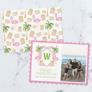 Watercolor Roze Flamingo Kerst Monogram Wapen Feestdagenkaart