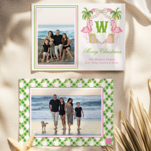 Watercolor Roze Flamingo Monogram Wapenschild Foto Feestdagenkaart