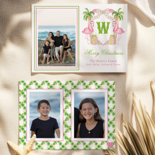 Watercolor Roze Flamingo Monogram Wapenschild Foto Feestdagenkaart