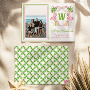 Watercolor Roze Flamingo Monogram Wapenschild Foto Feestdagenkaart