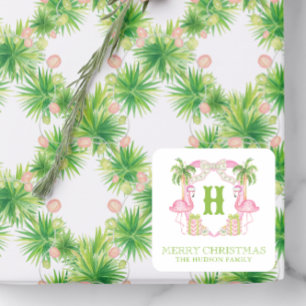 Watercolor Roze Flamingo Monogram Wapenschild Kers Vierkante Sticker