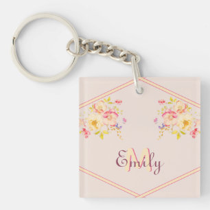 Watercolor Roze Gele Rozen, Lijnen, Monogram Sleutelhanger
