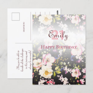 Watercolor Roze & Gele Rozen op Zwart, Verjaardag Briefkaart