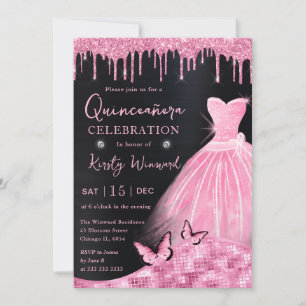 Watercolor Roze Glitter Jurk Quinceanera Kaart