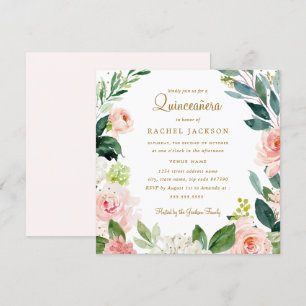 Watercolor Roze Gouden Bloemige Quinceanera Uitnod Kaart
